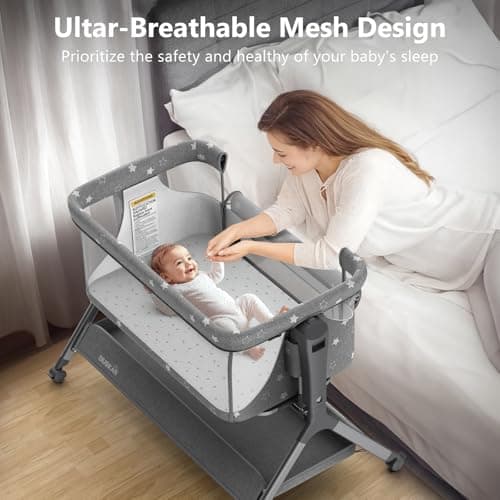 BIUSIKAN 3 in 1 Baby Bassinet, Rocking Bassinet Bedside Sleeper with Comfy Mattress and Breathable Mesh, 6 Height Adjustable & Upgraded Wheels Portable Bedside Crib for Newborn thumbnail 4