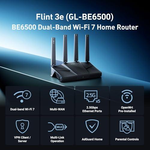 GL.iNet GL-BE6500 (Flint 3e) WiFi 7 Router, High-Speed WiFi Router for Wireless Internet w/VPN, 5 x 2.5G Ethernet Port for Fiber Optic Modem, Long Range Large Home, Business & Gami thumbnail 2