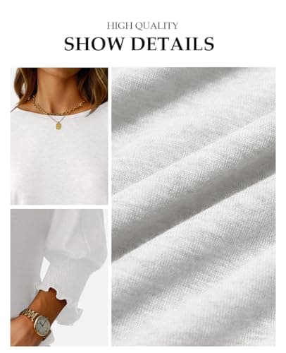 NORACORA Women's 3/4 Sleeve Tops Loose Fit Shirts Dressy Casual Crew Neck T Shirts for Women Basic Tees Shirt with Smocked Cuffs 2025 Fall Fashion Blouse White XS thumbnail 6