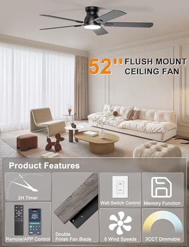 Ohniyou Ceiling Fans with Lights, 52 Inch Low Profile Ceiling Fan with Light and Remote/APP Control, Flush Mount, Dimmable, Quiet DC Motor, Black Ceiling Fan for Bedroom, Living Ro thumbnail 3