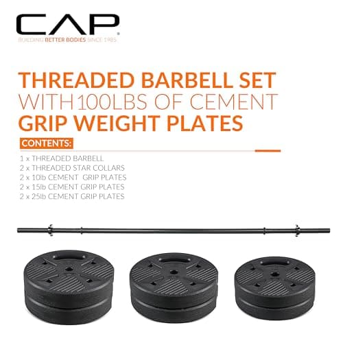 CAP Threaded Barbell Set with 100 LB Cement Grip Plates | 47" Threaded Bar, 25LB / 15LB / 10LB Grip Plates, Star Collars, Home Gym Weight Set for Strength Training thumbnail 2