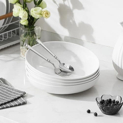 MALACASA 10" Large Pasta Bowls, 56 OZ White Salad Bowls Soup Bowls, Porcelain Serving Bowls Set of 4, Large Kitchen Bowl Plates Pasta Plates, Microwave & Dishwasher Safe, Series RE thumbnail 7