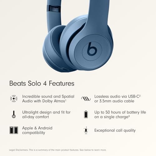 Beats Solo 4 - Wireless On-Ear Bluetooth Headphones, Up to 50-Hour Battery Life, Ultra-Lightweight Comfort, Powerful and Balanced Sound, Apple & Android Compatible - Slate Blue