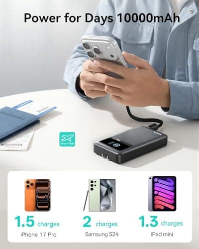 MOKiN 3-in-1 Power Bank,10000mAh 40W Portable Charger with Foldable Plug,Built-in USB-C Cable & LCD Display,Travel Essential Phone Fast Charging Battery Pack,for iPhone 17/16,Samsung etc thumbnail 6