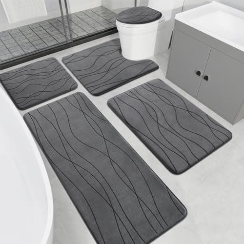 Juego de 5 Tapetes YIHOUSE de Baño con Memoria, Gris Oscuro, Antideslizantes y Súper Absorbentes