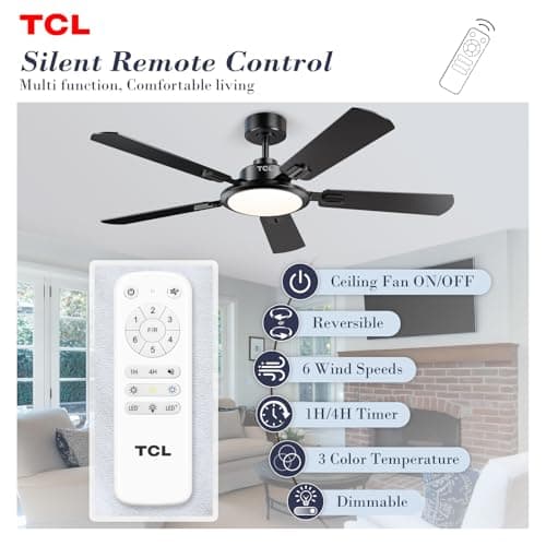 TCL Ceiling Fans with Lights, 52 Inch Ceiling Fan with Light and Remote Control, Reversible DC Motor, Noiseless, Dimmable 36W LED, Modern Ceiling Fan for Bedroom Living Room (Black thumbnail 2