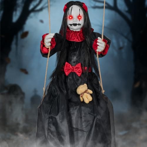 Scary Halloween Hanging Decorations Outdoor,4.6FT Hanging Swing Girl Doll | Slap Activated Creepy Halloween Hanging Prop with Spooky Sounds Expressions & Light-Up Eyes for Yards,Patios & Haunted House