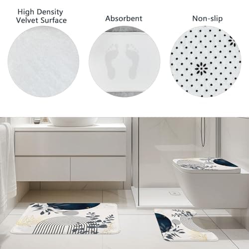 Set de 4 Piezas para Baño Riyidecor: Cortina, Tapa de Inodoro y Tapetes Antideslizantes Boho Azul Marino
