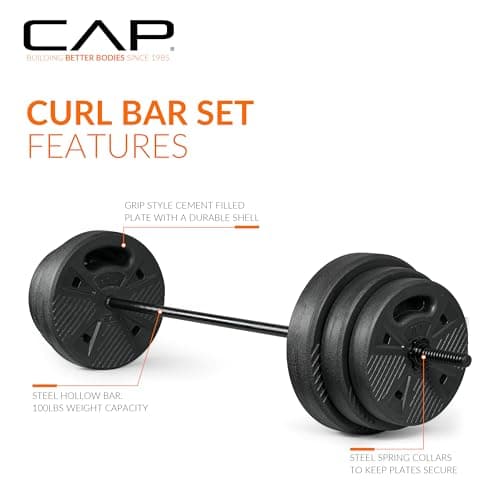 CAP Threaded Barbell Set with 100 LB Cement Grip Plates | 47" Threaded Bar, 25LB / 15LB / 10LB Grip Plates, Star Collars, Home Gym Weight Set for Strength Training thumbnail 3
