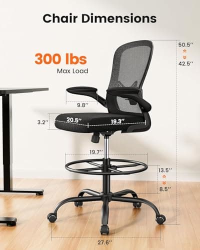 ErGear Drafting Chair, Standing Desk Chair with Flip-Up Armrests, High Desk Chair Adjustable Height, Ergonomic Tall Office Chair with Lumbar Support and Adjustable Footrest Ring thumbnail 2