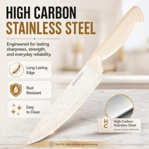 HENKELIVING 14-Piece Cream Kitchen Knife Block Set with Built-in Sharpener | Dishwasher safe, german high-carbon stainless steel blades, ultra-sharp edges, ergonomic non-slip handles thumbnail 9