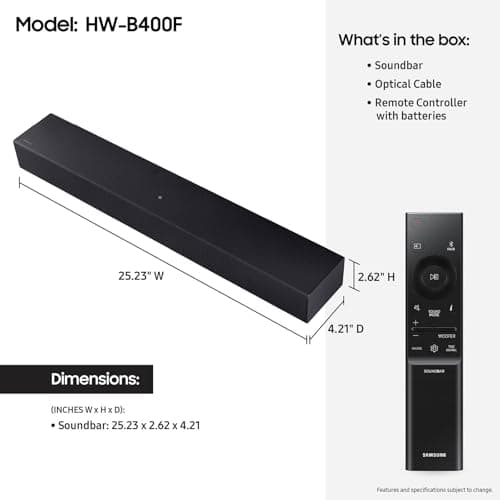 Samsung B-Series Soundbar HW B400F 2.0 ch Soundbar with Built in Subwoofer (2025 Model) One Remote Control, Surround Sound Expansion, Voice Enhance Mode thumbnail 2
