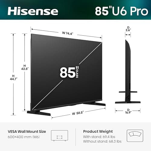 Hisense 85" U6 Pro Series Mini‑LED ULED 4K UHD HDR Gaming AI Smart Fire TV (85U6SF Pro, 2026 New) – Hi-QLED, Native 144Hz, Motion Rate 480, Dolby Vision IQ · Atmos, HDR10+, Glare-F thumbnail 3