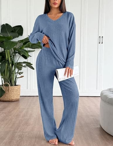 Ekouaer Lounge Sets for Women Long Sleeve Knit Ribbed Pajama Sets 2 Piece Casual Loungewear with Pockets thumbnail 3