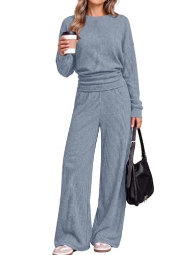 Two Piece Sets for Women Y2K Matching Set Cute Fall Clothes Winter Blue M | 2 piece sets for women, airport travel outfit, lounge sets, going out, cinched waist crop tops, wide leg pants, holiday thumbnail 2