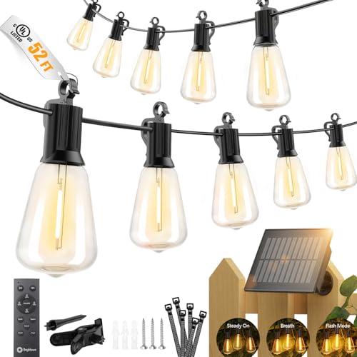 Brightown 52FT Solar String Lights Outdoor Waterproof, Patio Lights with Remote and 15+1 LED Shatterproof Bulbs, Dimmable & Timable, 3 Light Modes, Solar Lights Outdoor for Yard Ga