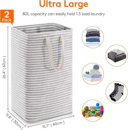 Lifewit 2 Pack Laundry Basket 80L Each, Collapsible Clothes Hamper with Reinforced Handles, Freestanding Waterproof Design for Bedroom and Laundry Room, Grey 160L Total thumbnail 2