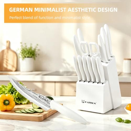 KATISUN Knife Set - 15 PCS Kitchen Knife Set with Built-in Sharpener Block, German Precision Forged Stainless Steel Blades, Ergonomic Handles, Dishwasher Safe, White thumbnail 7