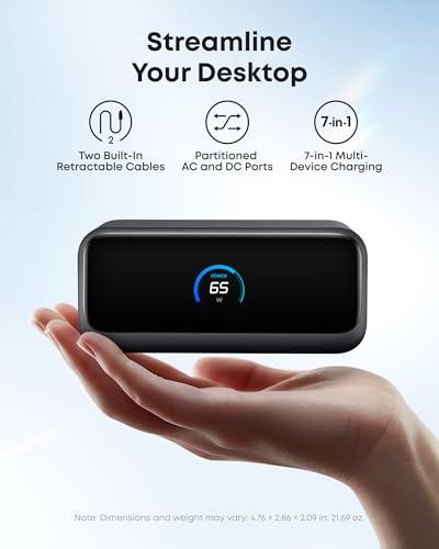 Anker Nano Charging Station, 7-in-1 USB-C Power Strip for iPhone 16, 2.3 ft Anker InstaCord Retractable Cable, 3 USB-C, 1 USB-A, 3 AC, 100W Desktop Fast Charging for MacBook, Home,