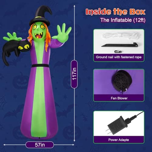 12 FT Giant Halloween Inflatables Witch Outdoor Decoration-Huge Blow Up Spooky Witch Grabbing Black Cat with Built-in LEDs – Tall Halloween Yard Decor for Lawn Party, Garden & Front Yard thumbnail 6