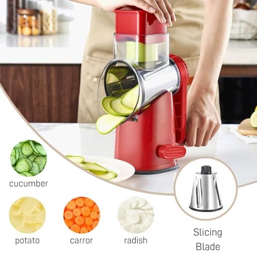 Weltonhm 4 in 1 Large Rotary Cheese Grater Hand Crank (red, 3 Graters)