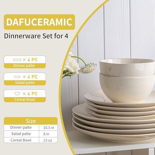 Dafuceramic Plates and Bowls Sets, 12 Pieces Modern Stoneware Dinnerware Set for 4 Kitchen Dinner Set Ceramic Dishware Dishes Set Microwave and Dishwasher Safe (White) thumbnail 2