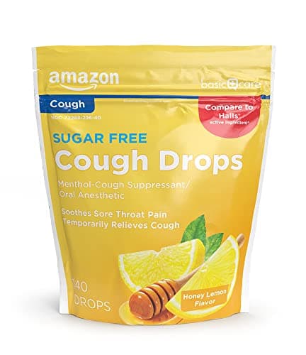 Amazon Basic Care Sugar Free Honey Lemon Cough Drops for Sore Throat Relief, Soothes Cough, 140 Count (Compare to Halls)