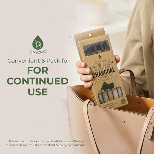 Pursonic Wide Head Toothbrush Set with Cedarwood Wooden Handle & Soft Charcoal Bristles - Travel Friendly Natural Oral Care Brushes with Comfortable Grip Design for All Age Groups  thumbnail 6
