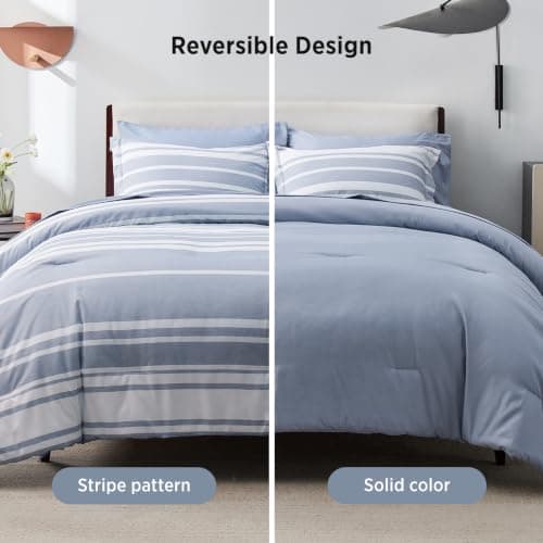 Bedsure Blue Comforter Set, Queen Size Bedding Set, Striped 7 Piece | Bed in a Bag, Bedroom, Plaid, Nautical, Cationic Dyeing, Gift Choice, Whisper-Quiet, OEKO thumbnail 6