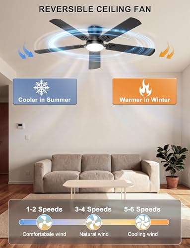 Ohniyou Ceiling Fans with Lights, 52 Inch Low Profile Ceiling Fan with Light and Remote/APP Control, Flush Mount, Dimmable, Quiet DC Motor, Black Ceiling Fan for Bedroom, Living Ro thumbnail 6
