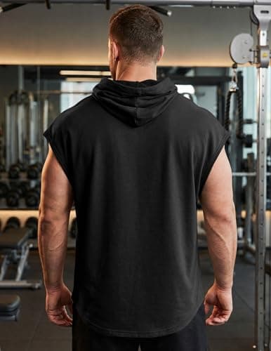 JMIERR Men's Sleeveless Drawstring Hooded Tank Tops Muscle T-Shirt - Casual Spring Summer Fitted Cotton Hoodies Sweatshirts Tee Shirt for Gym Workout Daily Wear, M, Black thumbnail 3