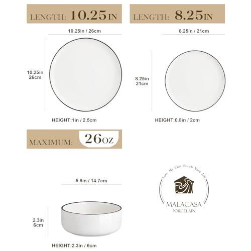MALACASA Plates and Bowls Sets, 12 Pieces Modern Porcelain Dinnerware Set for 4 White Kitchen Dinner Dining Ware Set wtih Black Rim Ceramic Dishware Dishes Microwave and Dishwasher thumbnail 2