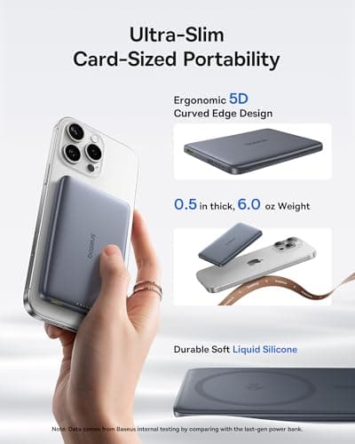 Baseus Picogo Magsafe Portable Charger, Qi2 15W 0.5" Ultra Slim 10000mAh Wireless Power Bank, 27W Fast Charging Magnetic Battery Pack with USB-C for iPhone 17 Pro Max/17 Pro/Air/16 thumbnail 4