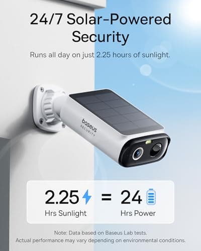 Baseus Solar Security Cameras Wireless Outdoor S1 Lite, 2K QHD Solocam, Continuous Power, Color Night Vision, AI Human Detection, IP67, No Monthly Fee, Local Storage, Works with Al