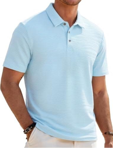 Damipow Mens Knit Polo Shirts Short Sleeve Golf Dress Collar Shirt,Light Blue,L