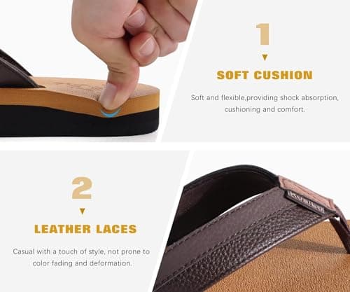 KuaiLu Mens Leather Flip Flops Arch Support Summer Beach Pool Water Thong Sandals Waterproof Essentials Walking Shoes Slip on Orthotic Casual Sport Cushioned Wide Slides Shower Sli thumbnail 5
