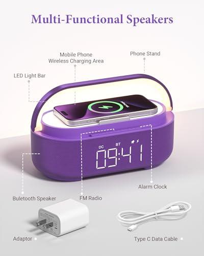 COLSUR Bluetooth Speaker Alarm Clock with Wireless Charger, FM Radio, Adjustable LED Night Light, 6 in 1 Bedroom Portable Speaker 2500mAh, Phone Stand for Bedside, Home, Office, Gi thumbnail 5