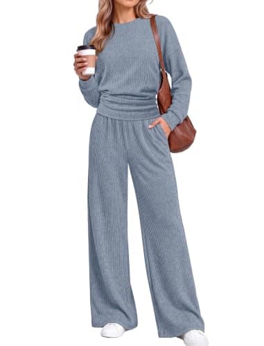 Two Piece Sets for Women Y2K Matching Set Cute Fall Clothes Winter Blue M | 2 piece sets for women, airport travel outfit, lounge sets, going out, cinched waist crop tops, wide leg pants, holiday thumbnail 3