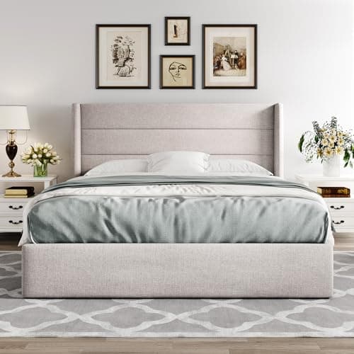 Allewie Queen Size Lift Up Storage Bed, Modern Wingback Headboard, Hydraulic Support, No Box Spring Needed, Light Beige thumbnail 7
