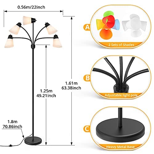Miniatura de FOLKSMATE LED Floor Lamp, Medusa Multi Head Modern Tall, Rustic Adjustable Reading Standing Light for Living/Kids Room, Bedroom, Black 7