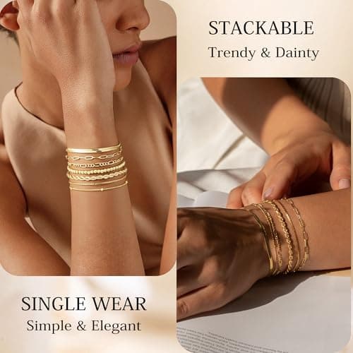 M MOOHAM Pulseras de Oro 14K para Mujer - Set Apilable de 7 Estilos