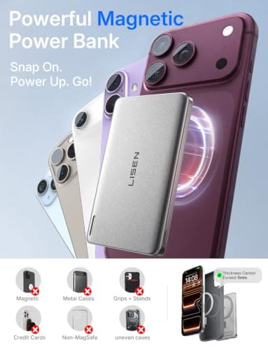 LISEN 0.3'' Ultra Slim [Qi2 15W] for MagSafe Battery Pack Power Bank for iPhone 18 pro Accessories, QI2 Certified 5000mAh Wireless Portable Charger,Travel Magnetic Power Bank for iPhone 18 Pro 17-12 thumbnail 7