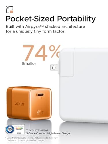 UGREEN Nexode Air 65W USB C Charger, Foldable Mini Charger Block Fast Charging with USB C Cable, GaN Charger for MacBook Air/Neo/Pro, iPhone 17 16, Galaxy S26/S25, iPad, Orange thumbnail 2