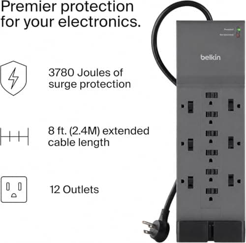 Belkin 12-Outlet Surge Protector Power Strip w/ 12 AC Outlets & 8ft Flat Plug, UL-Listed Heavy-Duty Extension Cord for Home, Office, Travel, Computer, Laptop, Charger - 3,780 Joule