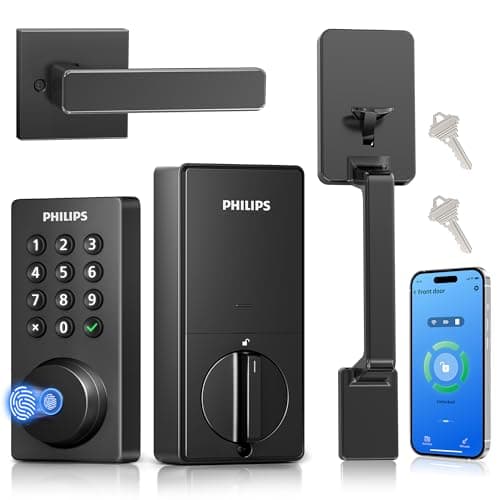 Philips Wi-Fi Smart Door Lock with Handle Set, Keypad Deadbolt for Front Door, Fingerprint Keyless Entry Door Lock with App Remote Control, IP53 Waterproof, Auto Lock, Security Eas