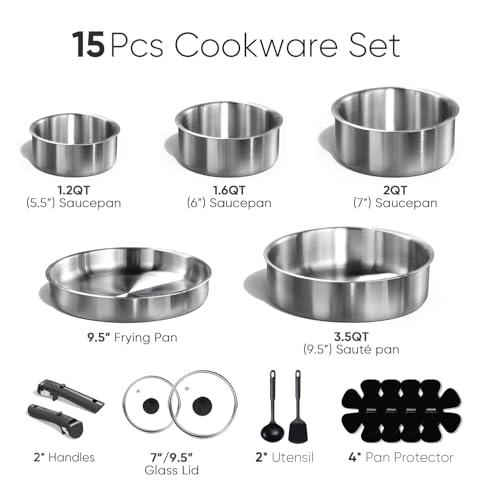 CAROTE Pots and Pans Set, Stainless Steel Cookware Set Detachable Handle, 15pcs Induction Kitchen Cookware Sets with Removable Handle, RV Cookware Set, Oven Safe