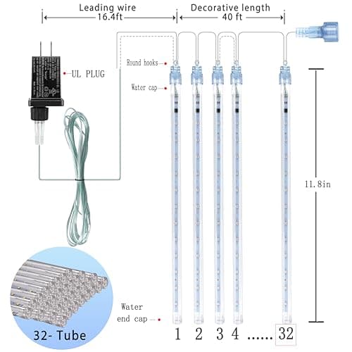 Blue Christmas Lights Outdoors, 32 Tubes Meteor Shower Rain Lights for Xmas | Equivalent to 4 Sets of 8-Tubes, Waterproof Christmas Halloween Decorations for Yard Outside Tree Roof Decor, UL Plug thumbnail 4