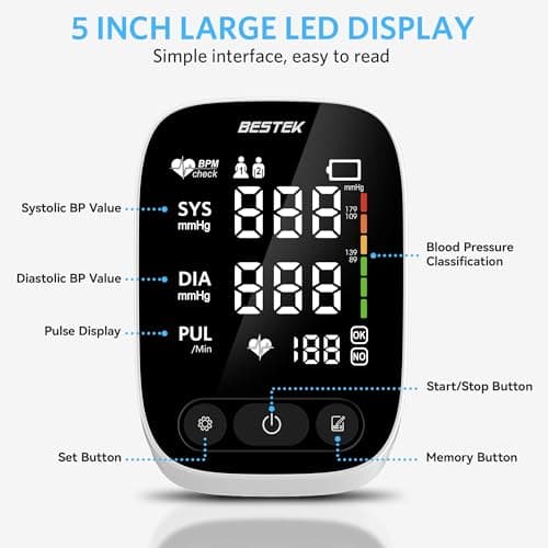 BESTEK Blood Pressure Monitor, Automatic Arm Blood Pressure Monitors for Home Use, Digital Large LED Voiced Broadcast BP Cuff Comfortable and Portable for Home Travel (9"-17" Adjus thumbnail 3