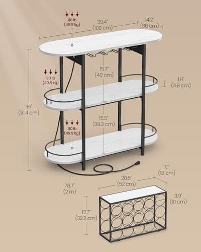 VASAGLE Bar Cabinets for Home, LED Coffee Bar with Power Outlets, Home Mini Bar for Liquor, Freestanding Wine Rack with Glass Holder, Kitchen, Dining Room, Rustic White ULWR007W01 thumbnail 2