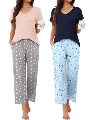 Pijamas y Conjuntos de Descanso Ekouaer (2 Paquetes) para Mujer: Cuello V y Manga Corta